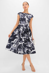 Botanical Engraving Midnight Boat Neck Midi Dress