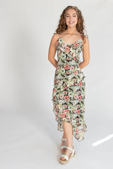 Floral Asymmetrical Hem Ruffle Mesh Midi Dress