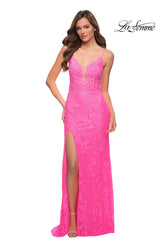 Open-Back La Femme Long Neon Lace Prom Dress