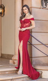 Sheer-Corset Bodice Off-the-Shoulder Prom Dress