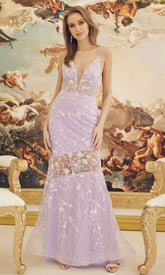 Lilac Floral Sheer-Bodice Long Formal Dress C1195