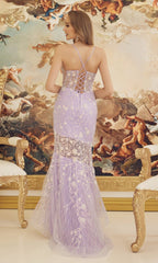 Lilac Floral Sheer-Bodice Long Formal Dress C1195