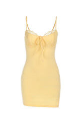 Yellow Spaghetti Strap Fitted Lace Applique Party Dress
