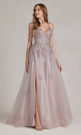 Long A-Line Lace Prom Dress with Wrap-Style Skirt