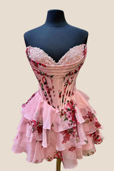 Strapless Pink Floral Corset A-line Short Ruffle Dress