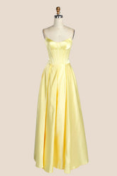 Strapless Yellow Satin A-line Formal Gown