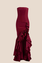 Strapless Navy Blue Mermaid Ruffle Long Dress