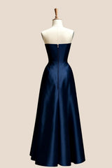 Strapless Navy Blue Satin A-line Bridesmaid Dress