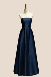 Strapless Navy Blue Satin A-line Bridesmaid Dress