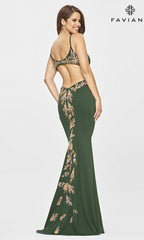 Faviana Gold-Beaded Navy Blue Long Prom Dress