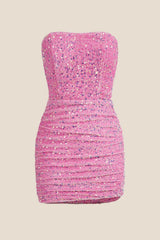 Strapless Pink Bodycon Sequin Short Dress