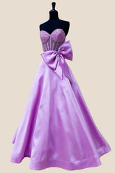 Strapless Purple Beaded Long Dress with Bow