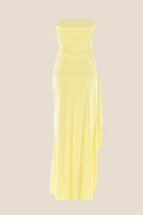Strapless Yellow Pleated Long Dress with Slit