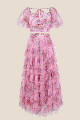 Two Pieces Lavender Floral Print Tiered Long Dress