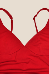 V-neck Red High Slit Ruched Long Dress