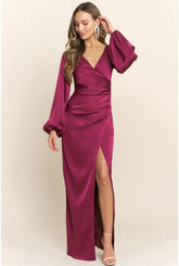 Sloane Long Sleeve Satin Maxi Dress - Berry