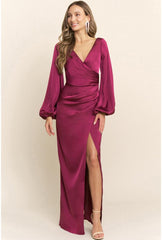 Sloane Long Sleeve Satin Maxi Dress - Berry