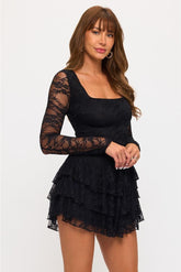 Mia Lace Long Sleeve Ruffled Mini Dress - Black