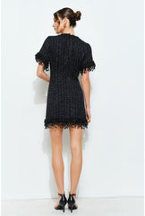 Iris Beaded Fringe Tweed Mini Dress - Black