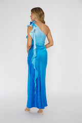 Luna Aqua Blue Ombre Satin One Shoulder Maxi - Blue
