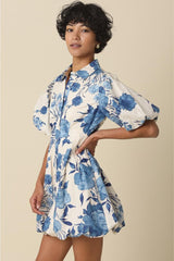 Bonnie Florals Collared Button Up Puff Sleeve Mini Dress - Royal Blue
