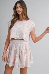 PRE-ORDER ONLY! ETA May 15th! Isabella Floral Applique Embroidered Crop Top and Mini Skirt (Sold Separately) Blush Pink