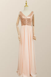 V Neck Rose Gold Sequin and Chiffon Long Bridesmaid Dress