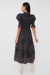 Blue Delphine Pucker Cotton Puff Sleeve Smocked Dress