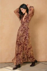 Golden Blooms Shimmering Metallic Florals Maxi Dress
