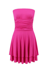 Strapless Hot Pink Ruffle Ruched Short Dress