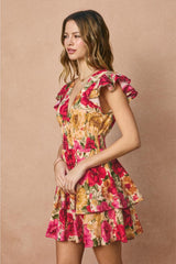 Lolita Ruffled Floral Mini Dress - Fuchsia