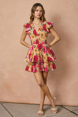 Lolita Ruffled Floral Mini Dress - Fuchsia