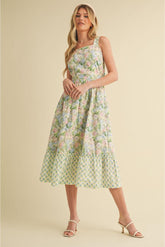 Emma Mae Mixed Floral Prints Back Bow Midi Dress
