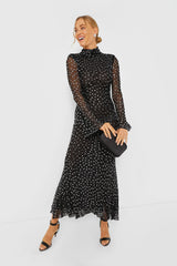 Black Square Rhinestone Mesh Midi Dress