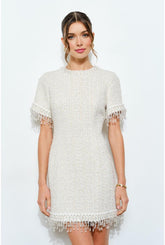 Iris Beaded Fringe Tweed Mini Dress - Ivory