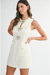 Peyton Pearl Bows Mini Tweed Dress - Ivory