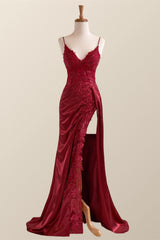 Wine Red Appliques Mermaid Long Formal Dress