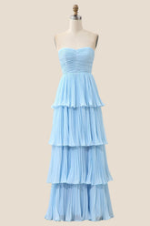 Strapless Light Blue Pleated Tiered Long Party Dress