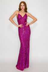 Maxine Sequin Lace Up Back Gown - Magenta