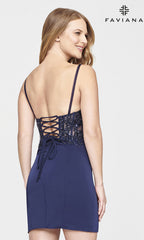 Faviana Sheer-Bodice Navy Short Homecoming Dress