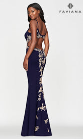 Faviana Gold-Beaded Navy Blue Long Prom Dress
