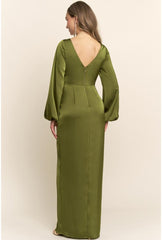 Sloane Long Sleeve Satin Maxi Dress - Olive Green