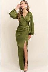 Sloane Long Sleeve Satin Maxi Dress - Olive Green