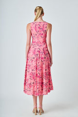 Sheena Florals Sleevless Linen Midi Dress - Pink
