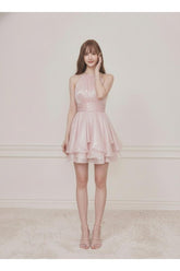 PRE-ORDER Only! (ETA May 15th) Selena Shimmer Halter Neck Ruffle Mini Dress - Pink