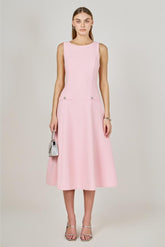 Princess High Neck Tweed Midi Dress - Pink