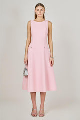 Princess High Neck Tweed Midi Dress - Pink