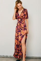 Talia Fall Florals Satin Bell Sleeved Maxi Dress