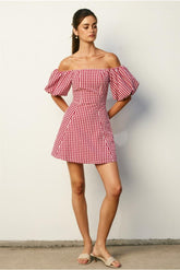 Margot Retro Gingham Off The Shoulder Mini Dress - Red