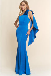 Roxy One Shoulder Sash Bow Satin Maxi Dress - Royal Blue